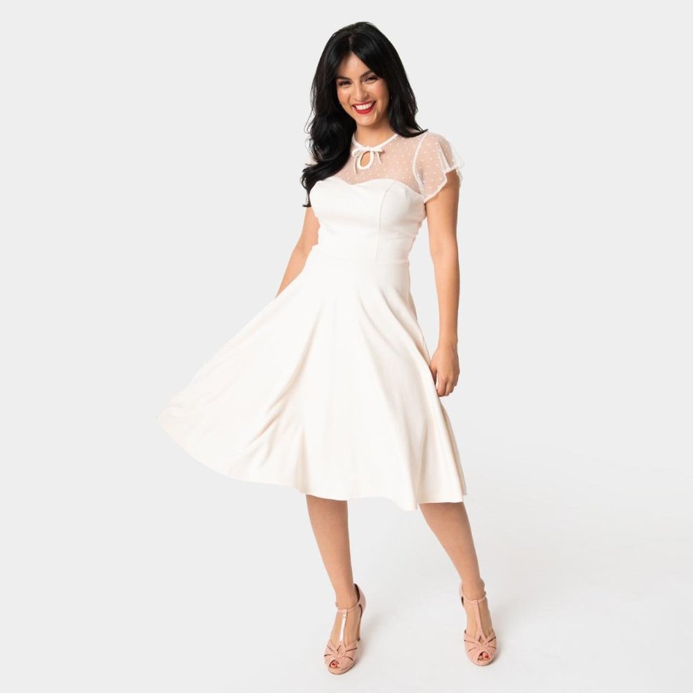 Unique Vintage Dotted Mesh Heather Midi Dress